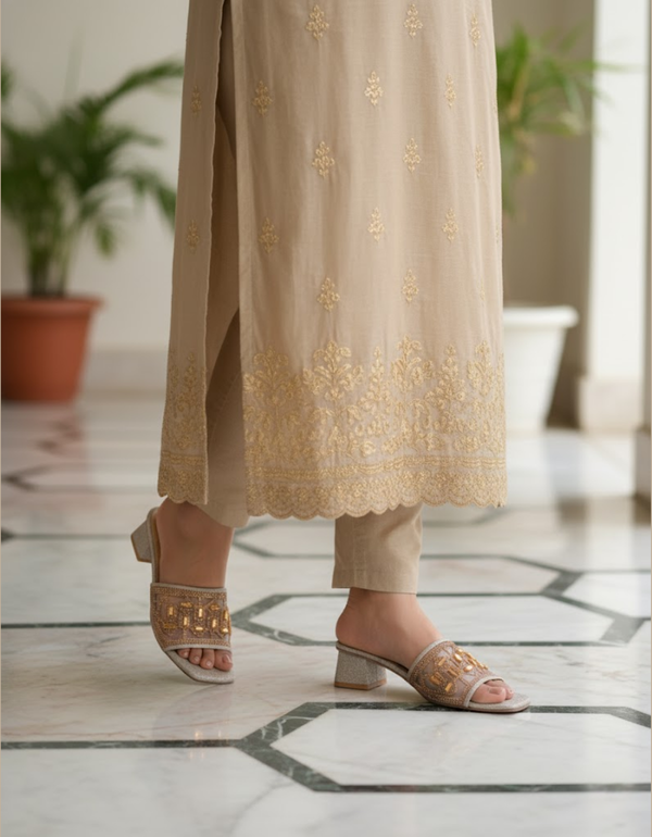 KP-1144-Golden Women Casual Slipper Heels